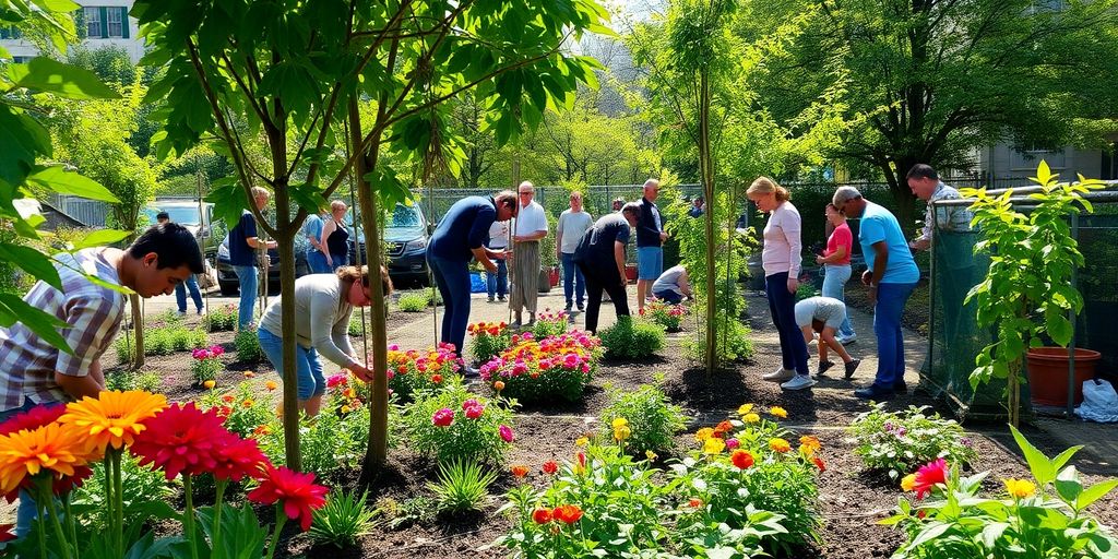 Grădină comunitară cu oameni plantând flori și copaci.