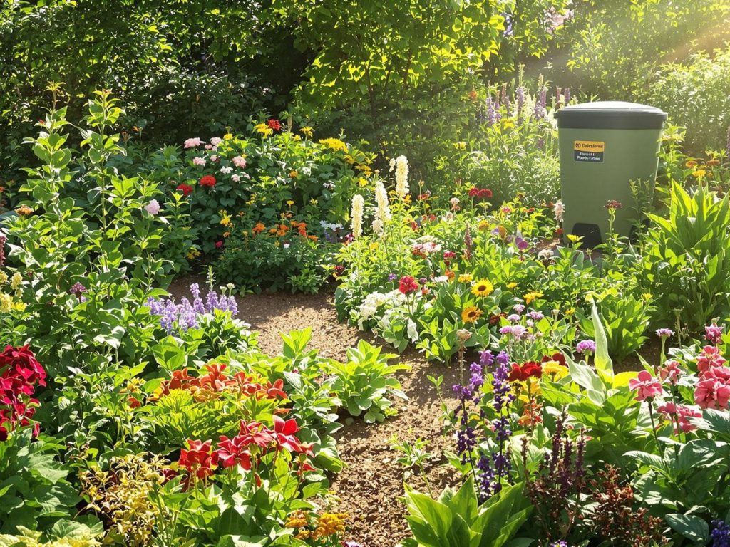 Grădină ecologică plină de plante și flori diverse.