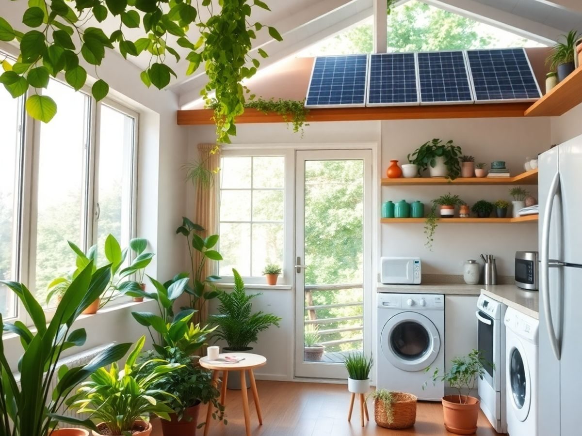 Casa verde cu plante și panouri solare pe acoperiș.