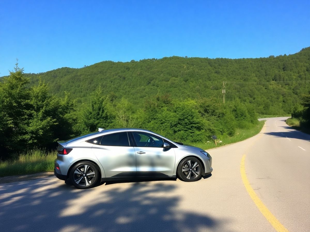 Masina electrica moderna pe un drum scenic.