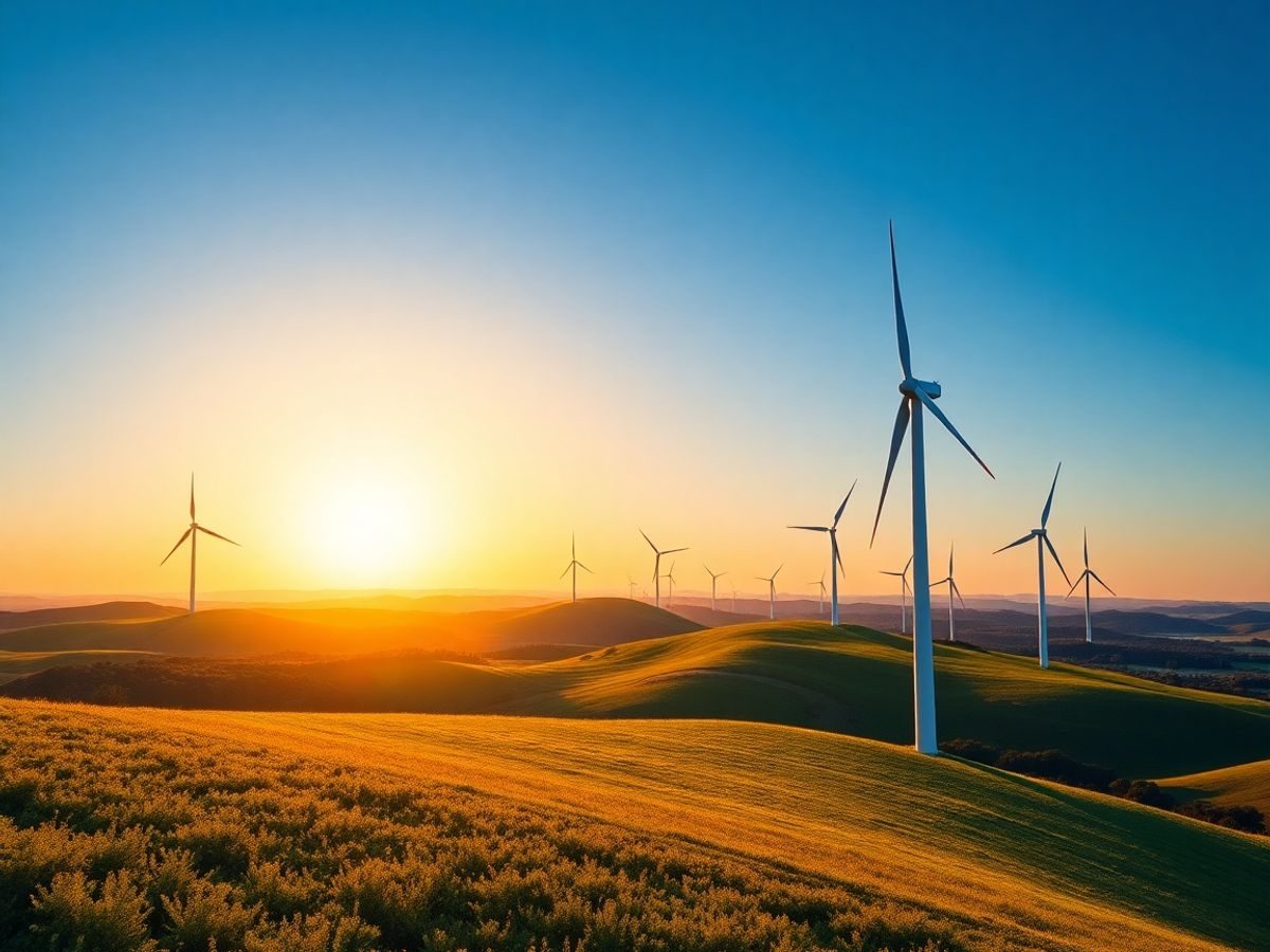 Turbine eoliene pe un peisaj verde si cer albastru.