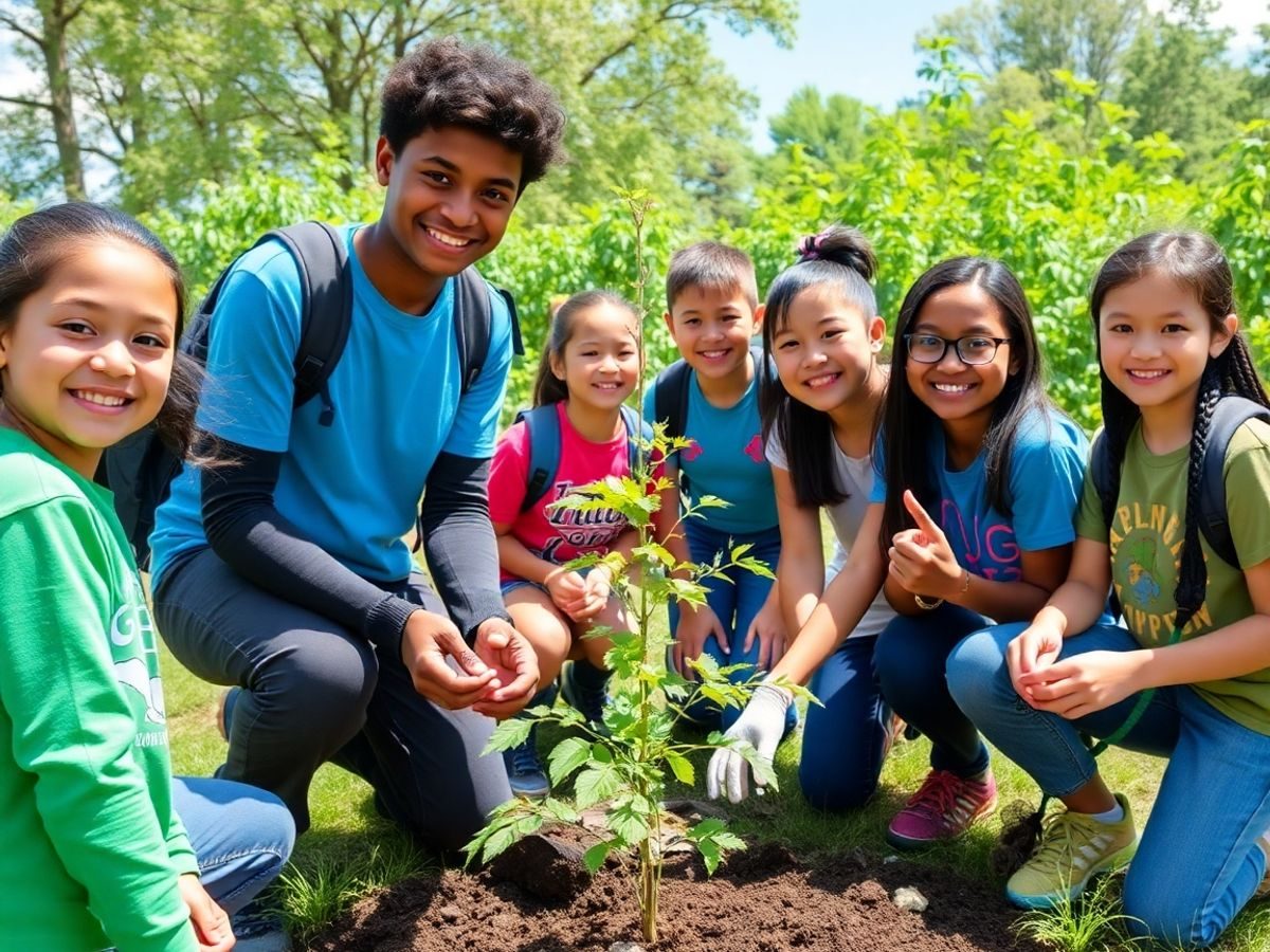 Tineri implicați în activități ecologice în natură.