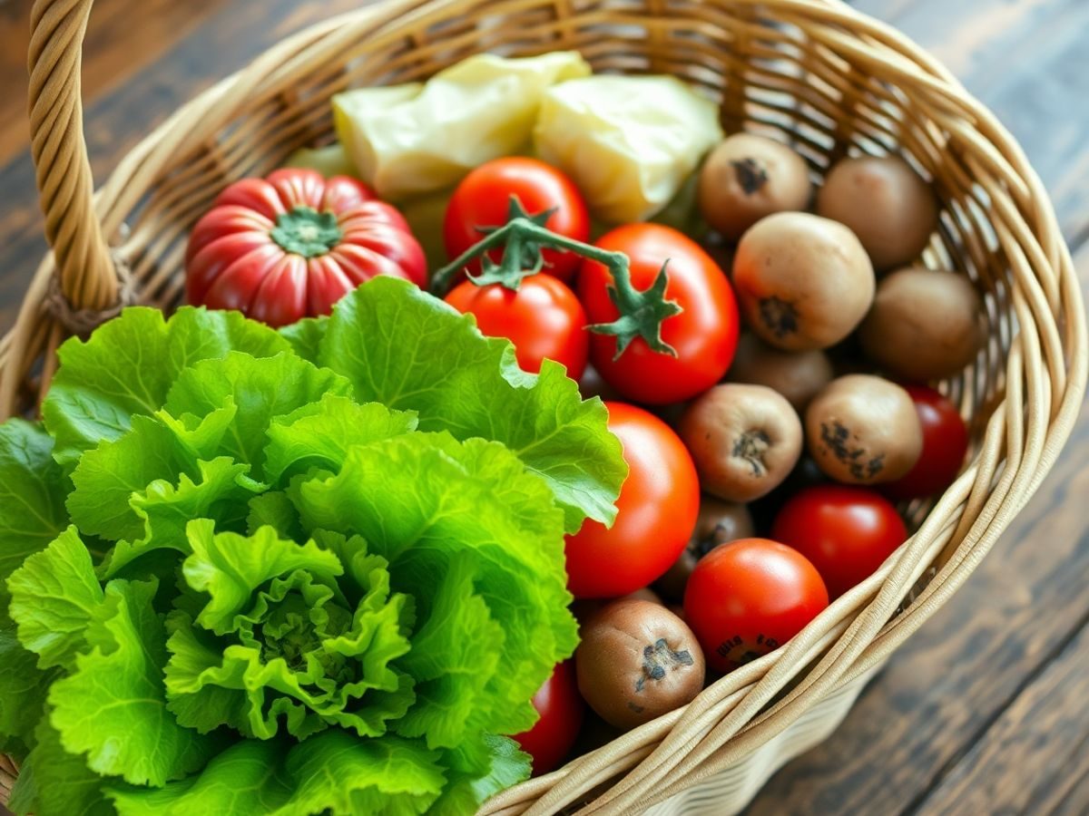 Coș cu legume proaspete pe o masă de lemn.