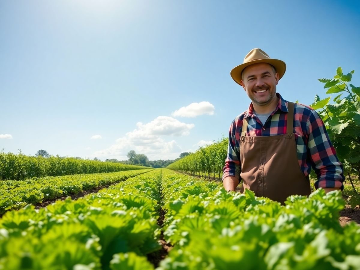Câmp organic luxuriant cu legume, fermier bucuros