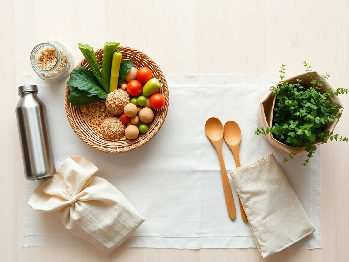 Bucătărie minimalistă cu borcane sticlă, pungi țesute și plantă verde