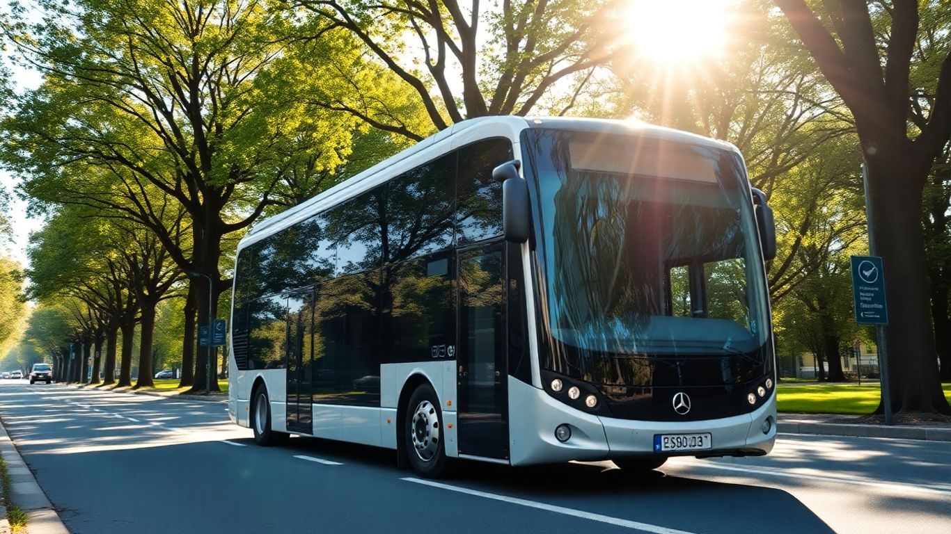Autobuz electric modern pe o alee cu copaci în România.
