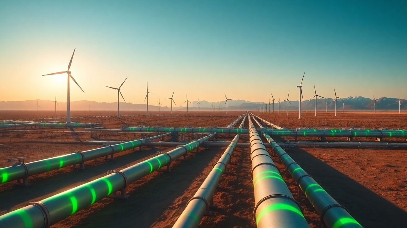 Turbine eoliene și conducte de hidrogen verde peisaj vast