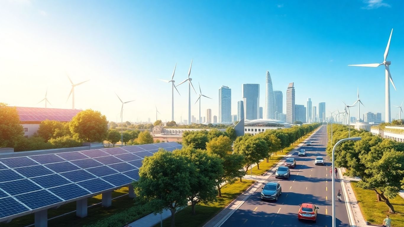 Oraș european verde, modern, cu panouri solare și turbine eoliene